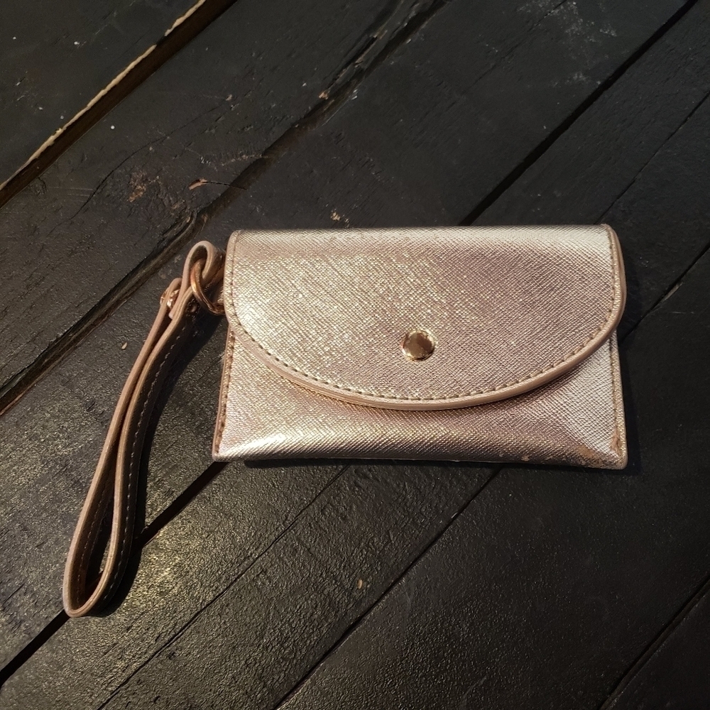 Rose Gold Metallic Wristlet Wrist Wallet Mini Cards ID Women's Teens
